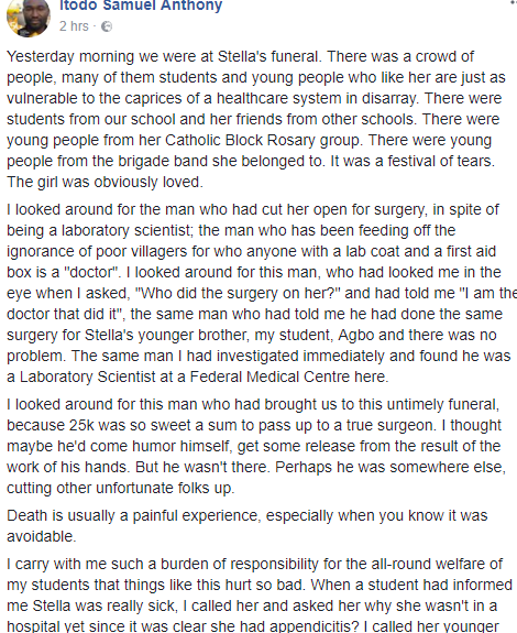 Schoolgirl dies in Benue state after being operated on by a lab scientist posing as a doctor