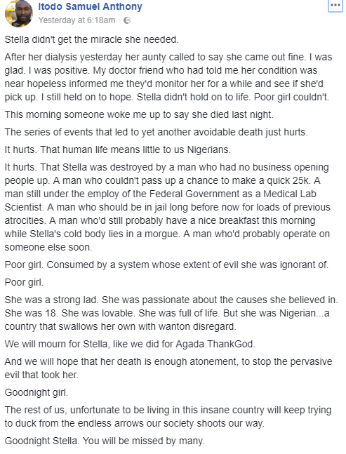 Schoolgirl dies in Benue state after being operated on by a lab scientist posing as a doctor