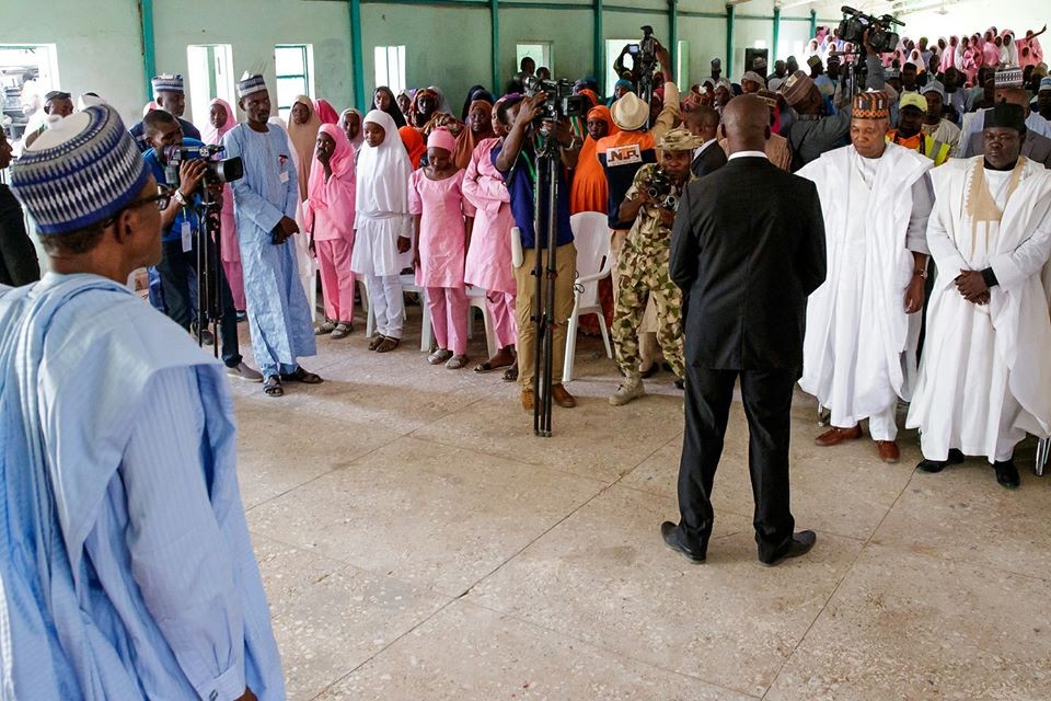 Photos: President Buhari visits Dapchi school where 110 female students were abducted, meets their parents
