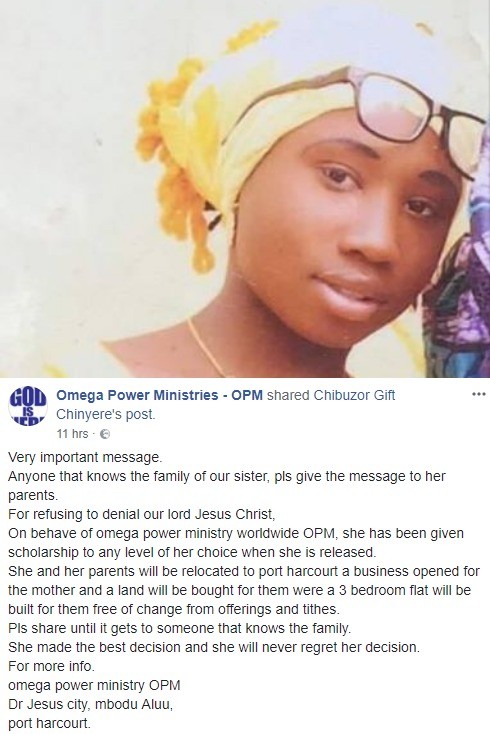 Port Hacourt-based church vows to use its offering and tithes to send withheld Dapchi school girl, Leah Sharibu, to school + build a three bedroom house for her parents