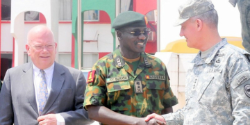 PIC.23. FROM LEFT: U.S AMBASSADOR TO NIGERIA, AMB. JAMES ENTWISTLE; CHIEF OF AMRY STAFF, LT.-GEN. TUKUR BURATAI AND COMMANDER, US AFRICOM. GEN. DAVID RODRIGUEZ, AT THE INAUGURATION OF UNITED STATES OF AMERICA TRAINING ASSISTANCE TO SELECTED UNITS OF THE NIGERIAN ARMY, IN JAJI KADUNA