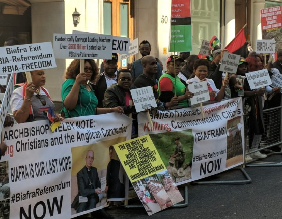Photos of?Biafra agitators protesting in London as President Buhari meets the Queen