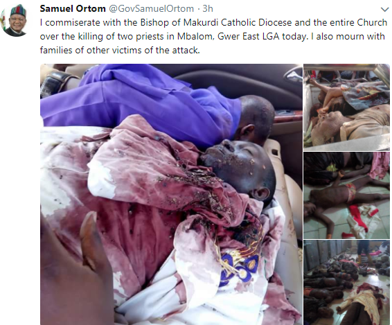 Benue state governor, Samuel Ortom, mourns priests and parishioners killed in today