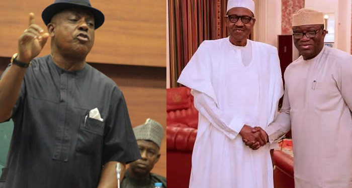 PDP Chair, Uche Secondus, President Muhammadu Buhar and APC candidate for 2018 Ekiti Governoship election, Dr. fayemi