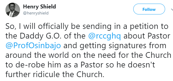 RCCG member petitions Pastor Adeboye, calls for VP Yemi Osinbajo to be removed as a pastor of the church