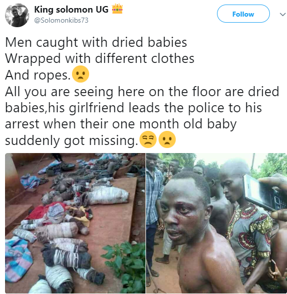 Shocking! Suspected ritualists apprehended with roasted babies in Uganda(photos)