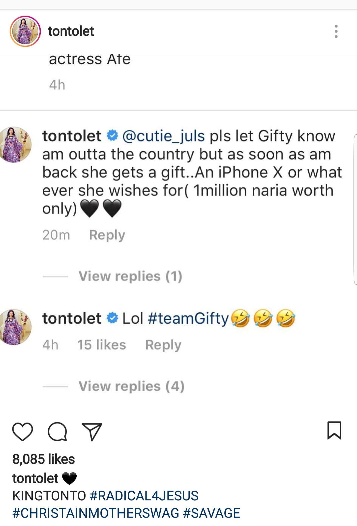 Tonto Dikeh promises Gifty an Iphone or gift worth 1 million after her cosmetic surgery shade at Lilian Afe