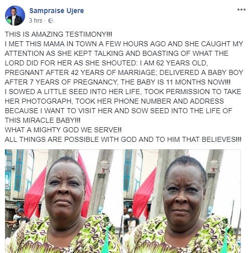 Photo:?62-year old woman allegedly gives birth after 42-years of marriage and 7 years of pregnancy