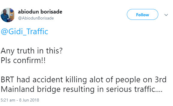 Fatal accident on Third Mainland Bridge as BRT bus somersaults and cuts man who just got sacked into two