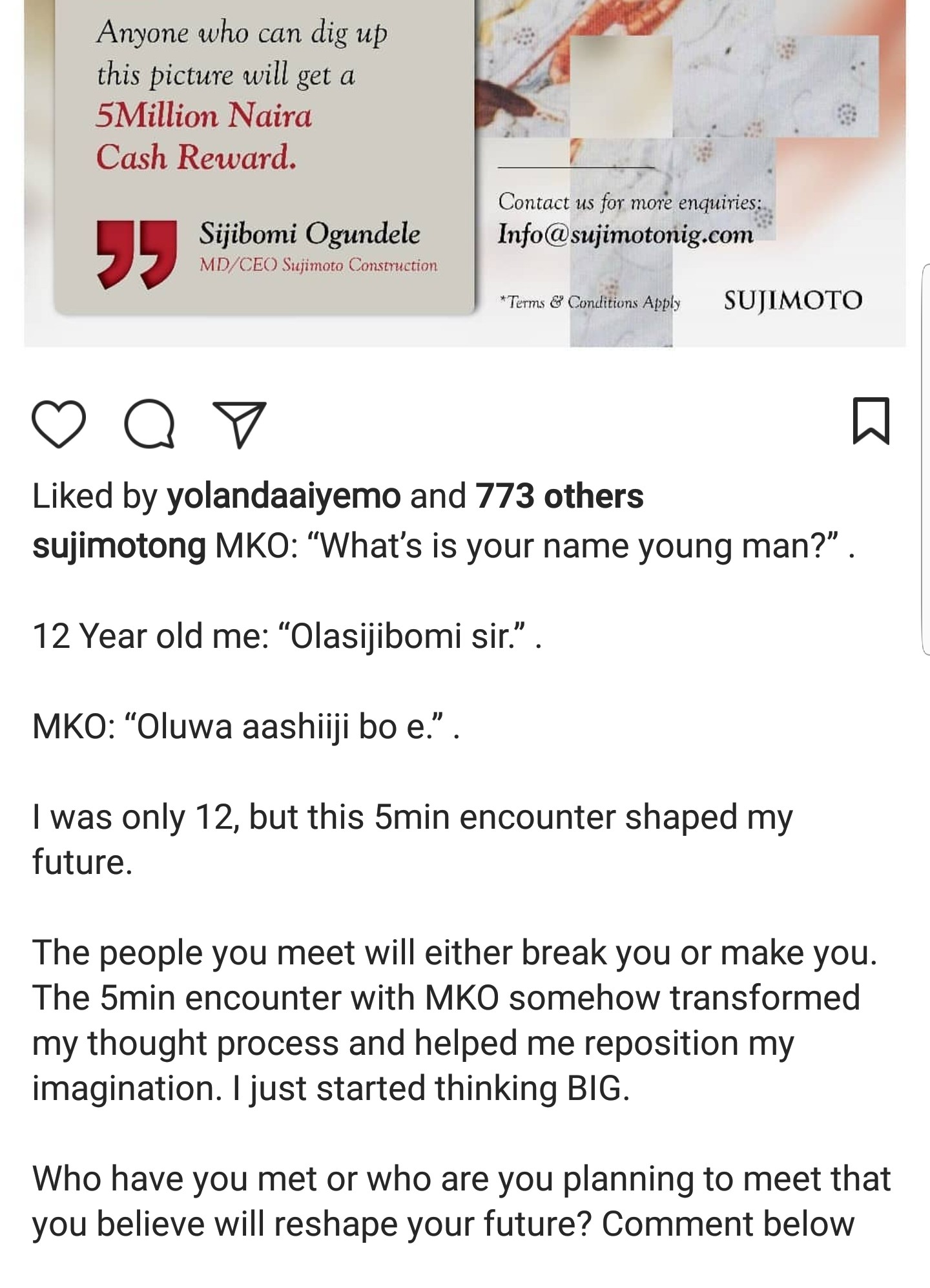  Sujimoto is offeriing N5million to anyone who can present a 1993 photo of him with MKO Abiola