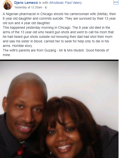 Nigerian pharmacist in Chicago shoots dead his wife, their 8 year old daughter, and commits suicide