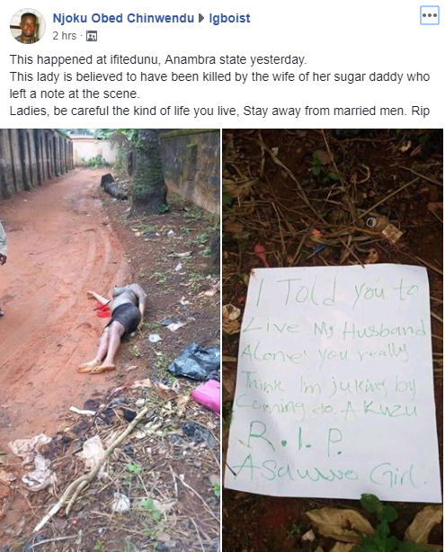Alleged sidechic murdered in Anambra state by her sugar daddy