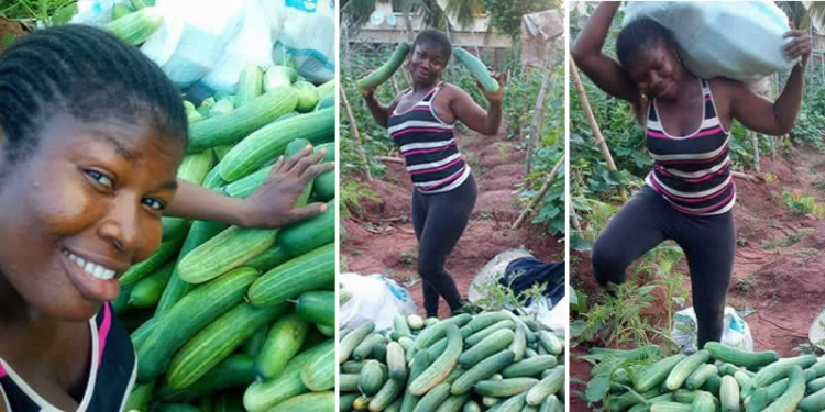 Mgbeke with her farm produce