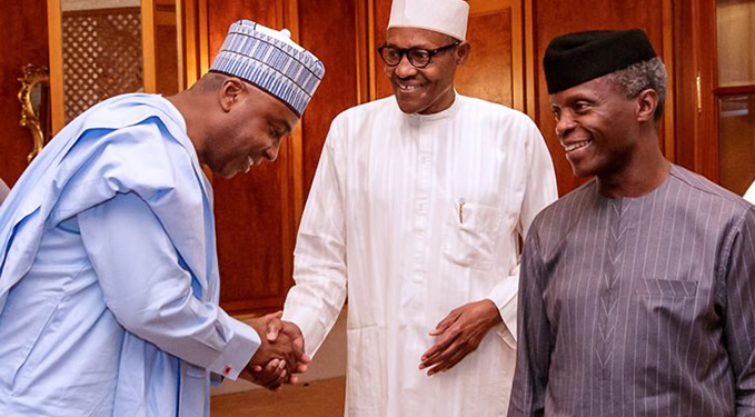 L-R: Senate President, Bukola Saraki; President Muhammadu Buhari and Vice-President Yemi Osinbajo after the meeting