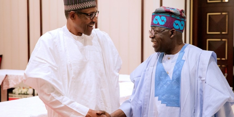 Muhammadu Buhari (l) with APC Chaieftain, Chief Bola Tinubu during a meeting at the Presidential
