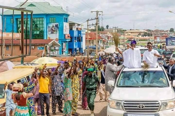 Photos of governor Aregbesola and the newly elected governor of Osun state Oyetola, celebrating on the streets after election