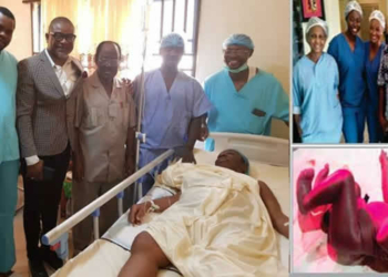 65-yr-old IVF mum, Madam Ajibola Otunbusin, doctors and nurses after her delivery