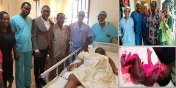 65-yr-old IVF mum, Madam Ajibola Otunbusin, doctors and nurses after her delivery