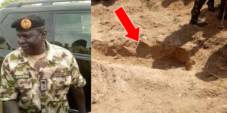 The shallow grave where Major General Idris Alkali was reportedly buried.