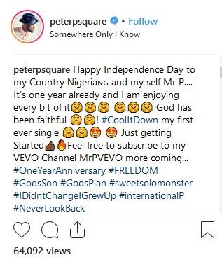 Peter Okoye celebrates Independence day & one year as a solo artiste