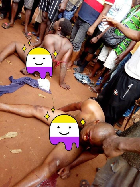 Men stripped naked and beaten after allegedly being caught stealing from a shrine (photos)