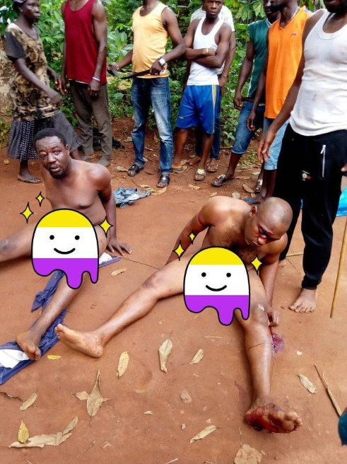 Men stripped naked and beaten after allegedly being caught stealing from a shrine (photos)