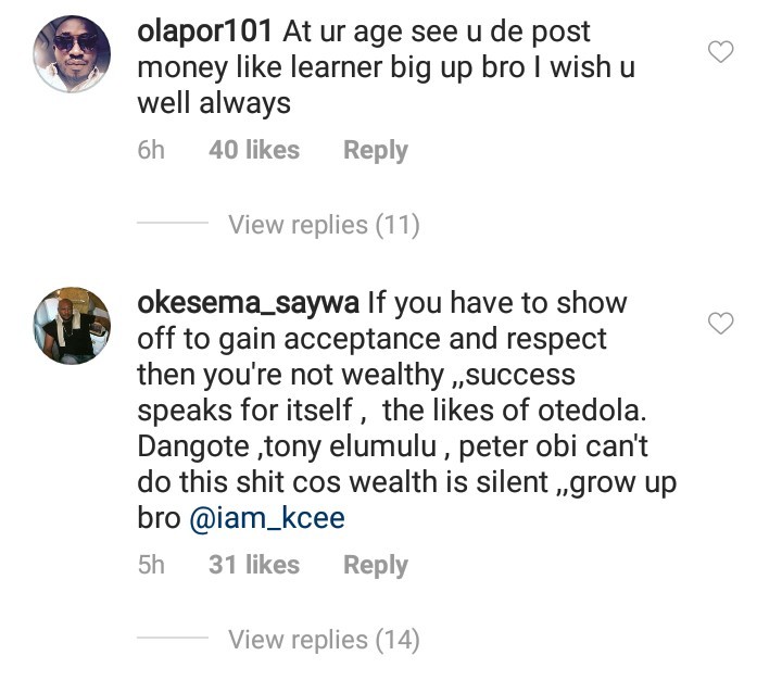 KCee called out after he shows off wads of cash following Soso Soberekon