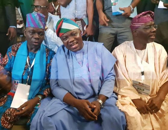 Photos: Governor Ambode and Babjide Sanwo-Olu all smiles as they meet at the APC convention in Abuja