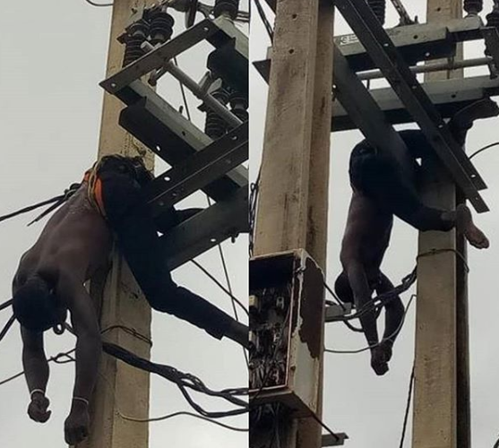 Graphic: Thief with charm in his mouth electrocuted while trying to steal copper in Abuja