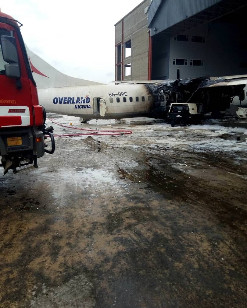 Photos from the scene of the Overland aircraft that caught fire at Lagos Airport