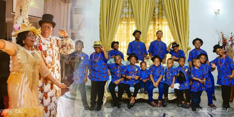 Blessed Nigerian woman shows off her 16 grandsons during her 70th birthday celebration