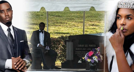Diddy pictured sitting alone by Kim Porter’s gravesite before her burial in Georgia (Photo)