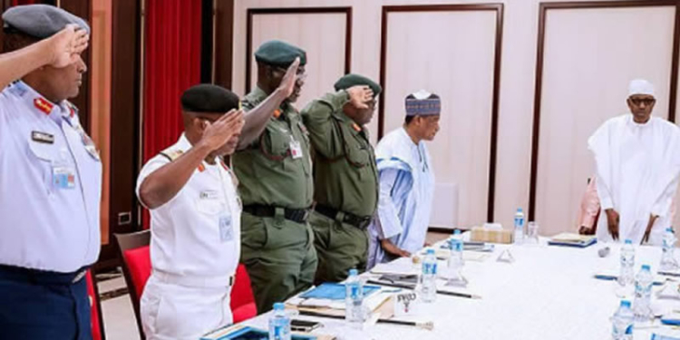 FILED PHOTO: Service Chiefs in meeting with President Muhammadu Buhari