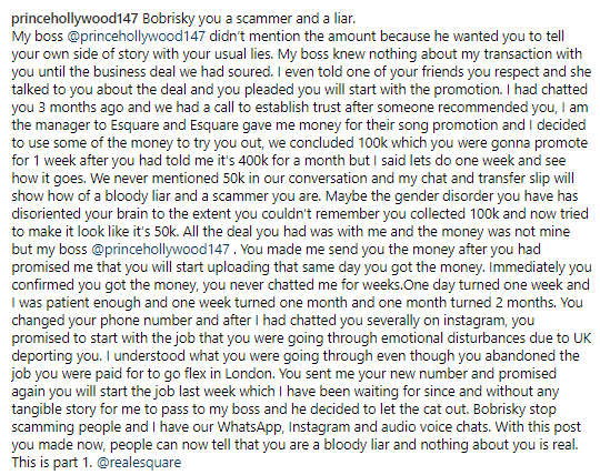 "Liar!" - US-based Nigerian musician, King Hollywood, fires back at Bobrisky; shares screenshots of transfer to dispute Bob