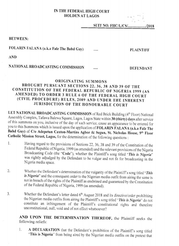 Falz files court papers challenging the ban placed on his song "This is Nigeria" by NBC