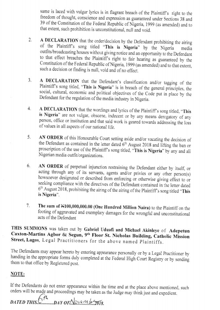 Falz files court papers challenging the ban placed on his song "This is Nigeria" by NBC