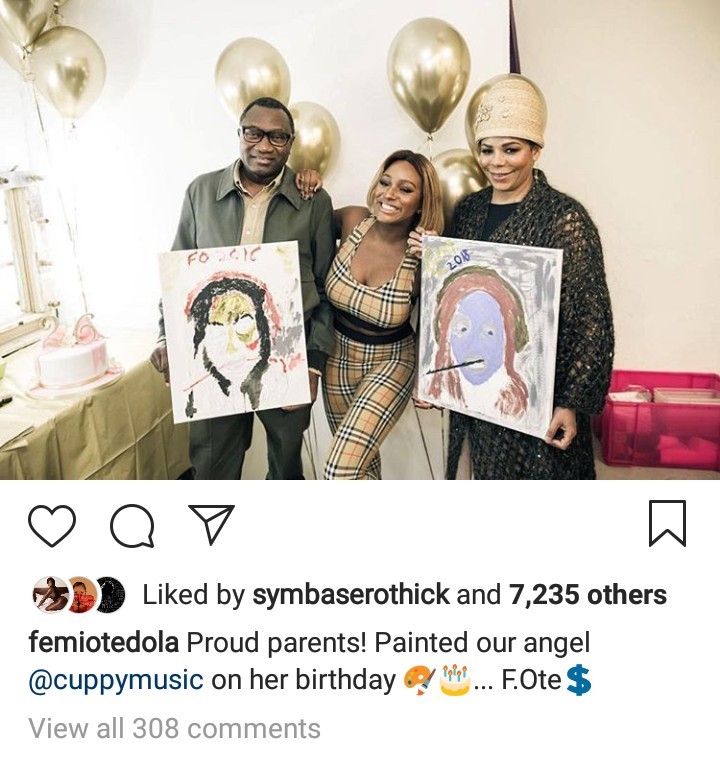 Adorable video of Femi Otedola and wife Nana drawing daughter DJ Cuppy on her birthday 