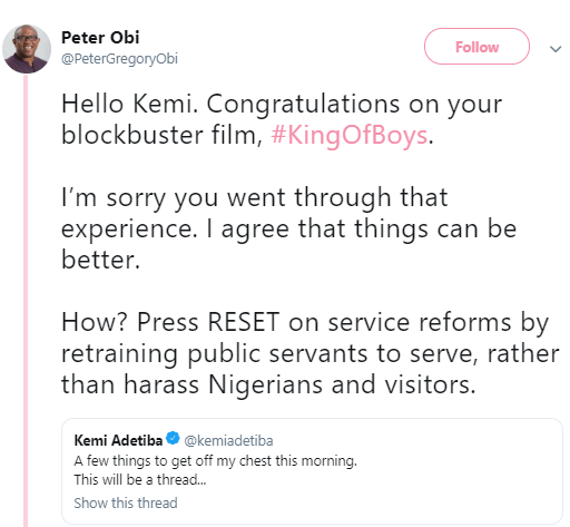 Peter Obi responds to Kemi Adetiba after she narrated her horrifying experience at the Lagos airport 