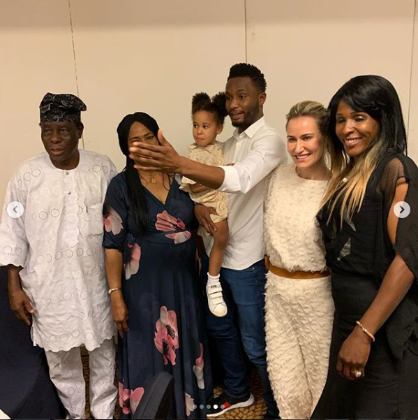 Adorable photos of Mikel Obi, his Russian partner and daughters as they visit his parents in Nigeria