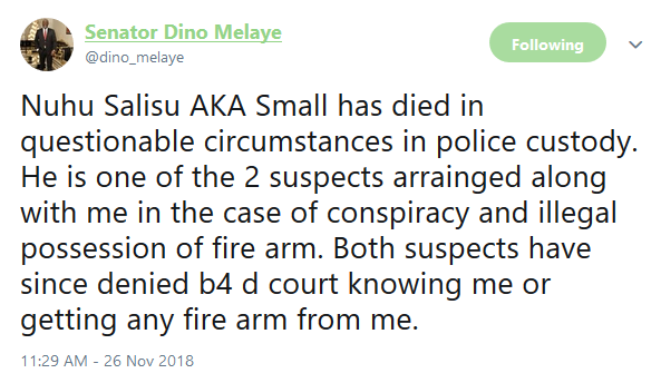Dino Melaye raises alarm after one of the suspects arraigned with him for illegal possession of arms dies in police custody