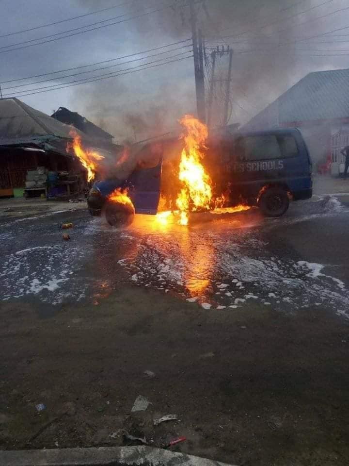 Photos: Tragedy averted as school bus conveying pupils home goes up in flames in Rivers