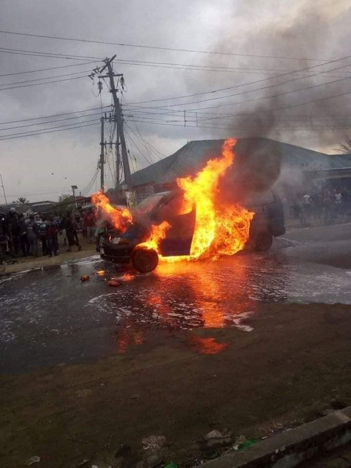 Photos: Tragedy averted as school bus conveying pupils home goes up in flames in Rivers