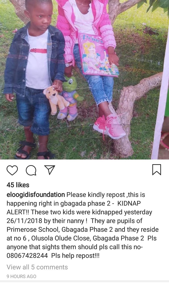 2 siblings kidnapped by their nanny in Lagos