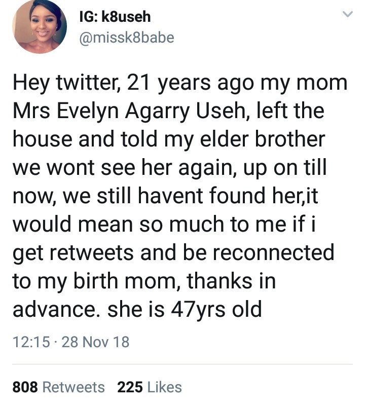 Nigerian lady starts a search for her mother who left home 21 years ago after telling them they