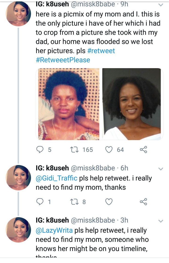 Nigerian lady starts a search for her mother who left home 21 years ago after telling them they
