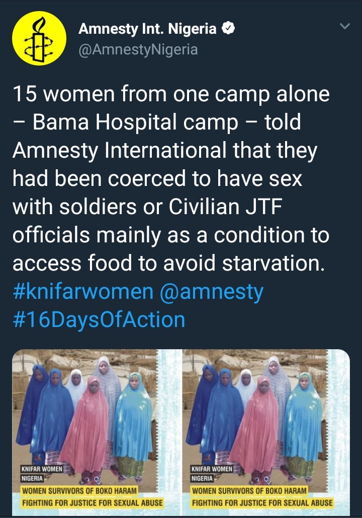 Amnesty International alleges women in IDP camps are being coerced to have sex with soldiers in exchange for food