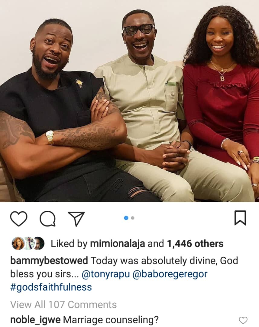Marriage counselling? Bambam and Teddy A meet popular Lagos pastor Tony Rapu (photo)