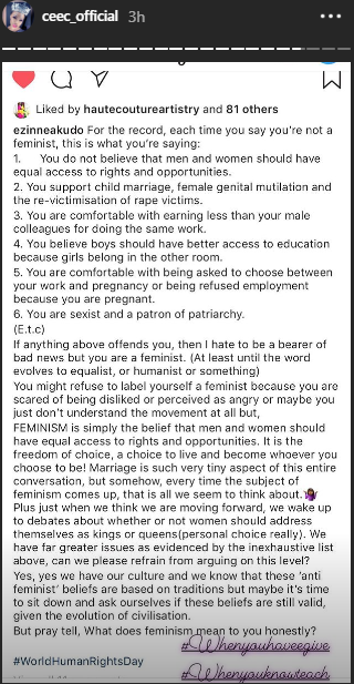 Cee C stands with Ezinne Akudo on feminism and declares that she