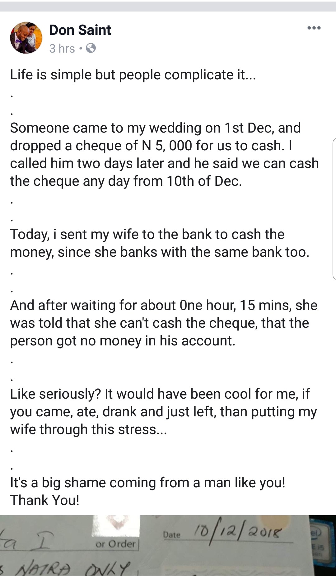 Nigerian musician calls out friend who attended his wedding and gave him a dud cheque of N5,000 as wedding gift