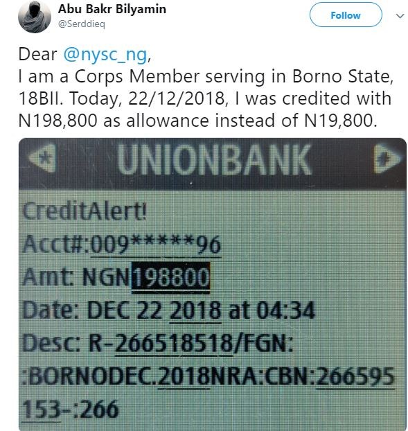 Honest Corp member reports to NYSC after he was credited N198,800 instead of his normal N19,800 allawee